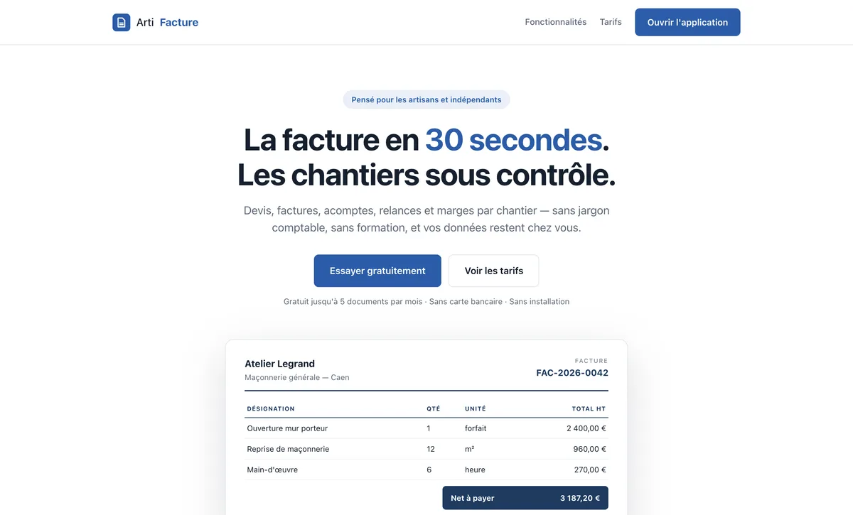 Interface d’ArtiFacture, application de facturation éditée par SKJ Studio.