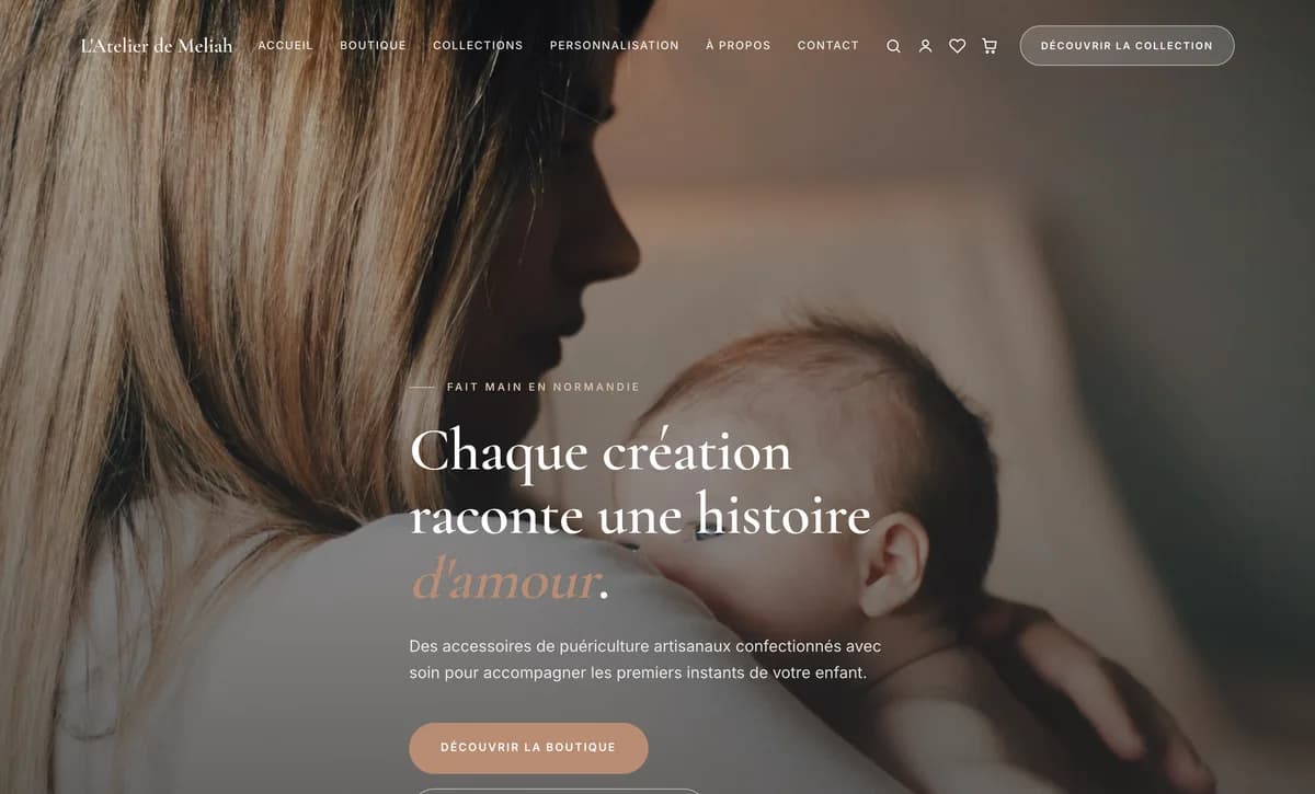 Page d’accueil du site livré à L’Atelier de Meliah, commerce du Pays d’Auge.